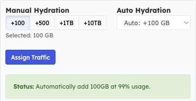 Auto Hydration set to Auto plus 100 GB with the automatic assignment status