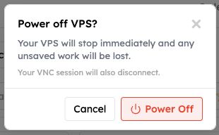Power off VPS confirmation warning about unsaved work, with Cancel and Power Off buttons