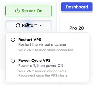 Restart dropdown with Restart VPS and Power Cycle VPS, including their VNC behavior