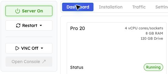 Server On and Restart controls beside the Running VPS status