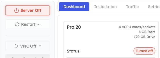 Red Server Off button, disabled Restart and VNC controls, and Turned off dashboard status