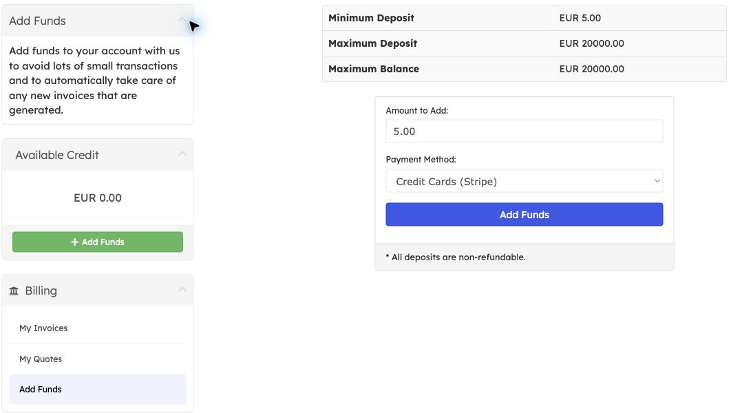 Add Funds page showing Available Credit, deposit limits and payment form