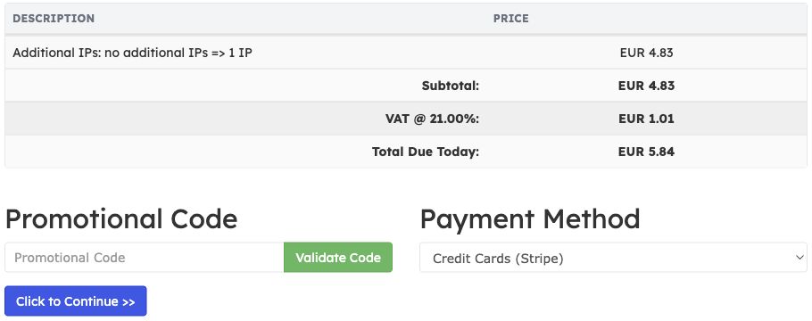 Additional IPv4 upgrade review showing subtotal, VAT, total and payment method