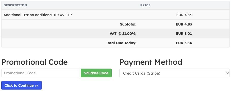 Additional IPv4 upgrade review showing subtotal, VAT, total and payment method