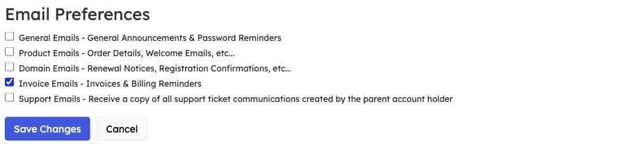 Email Preferences with Invoice Emails checked above Save Changes