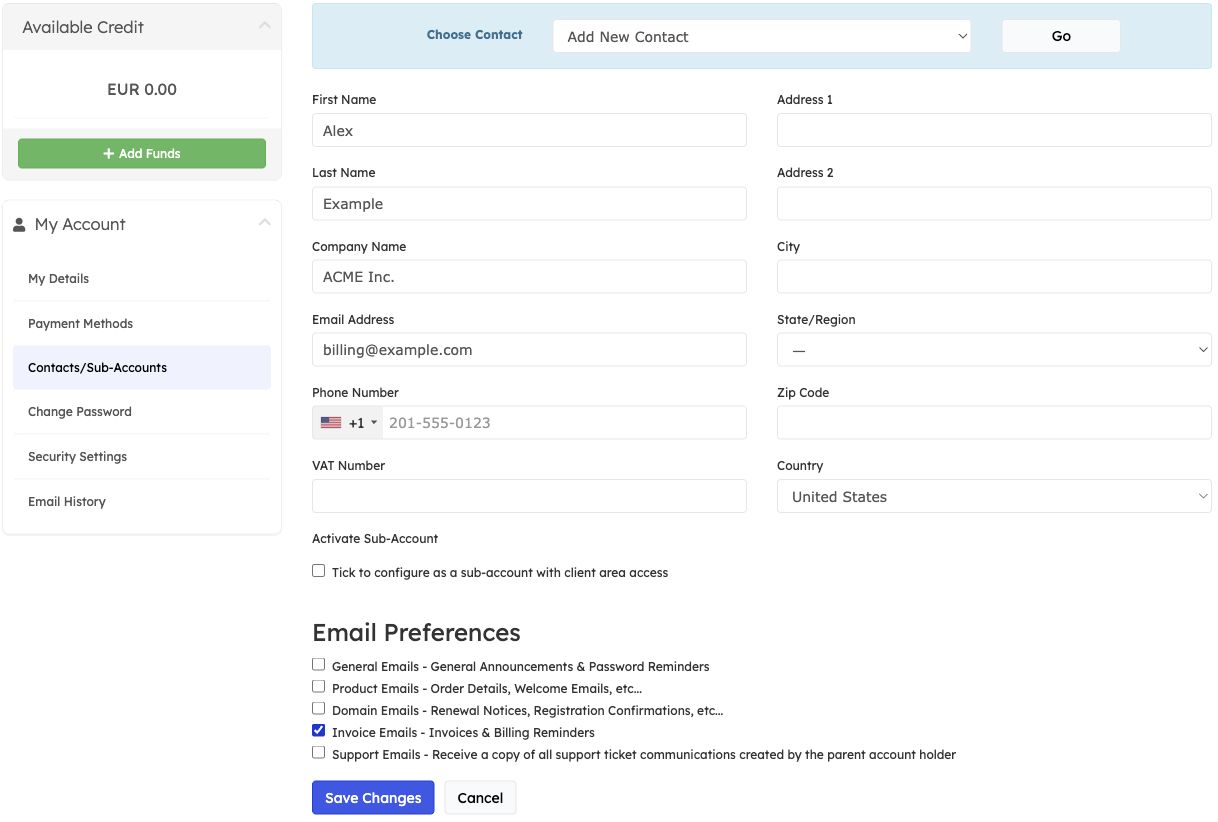 Add New Contact form with ACME Inc. example details and email preferences