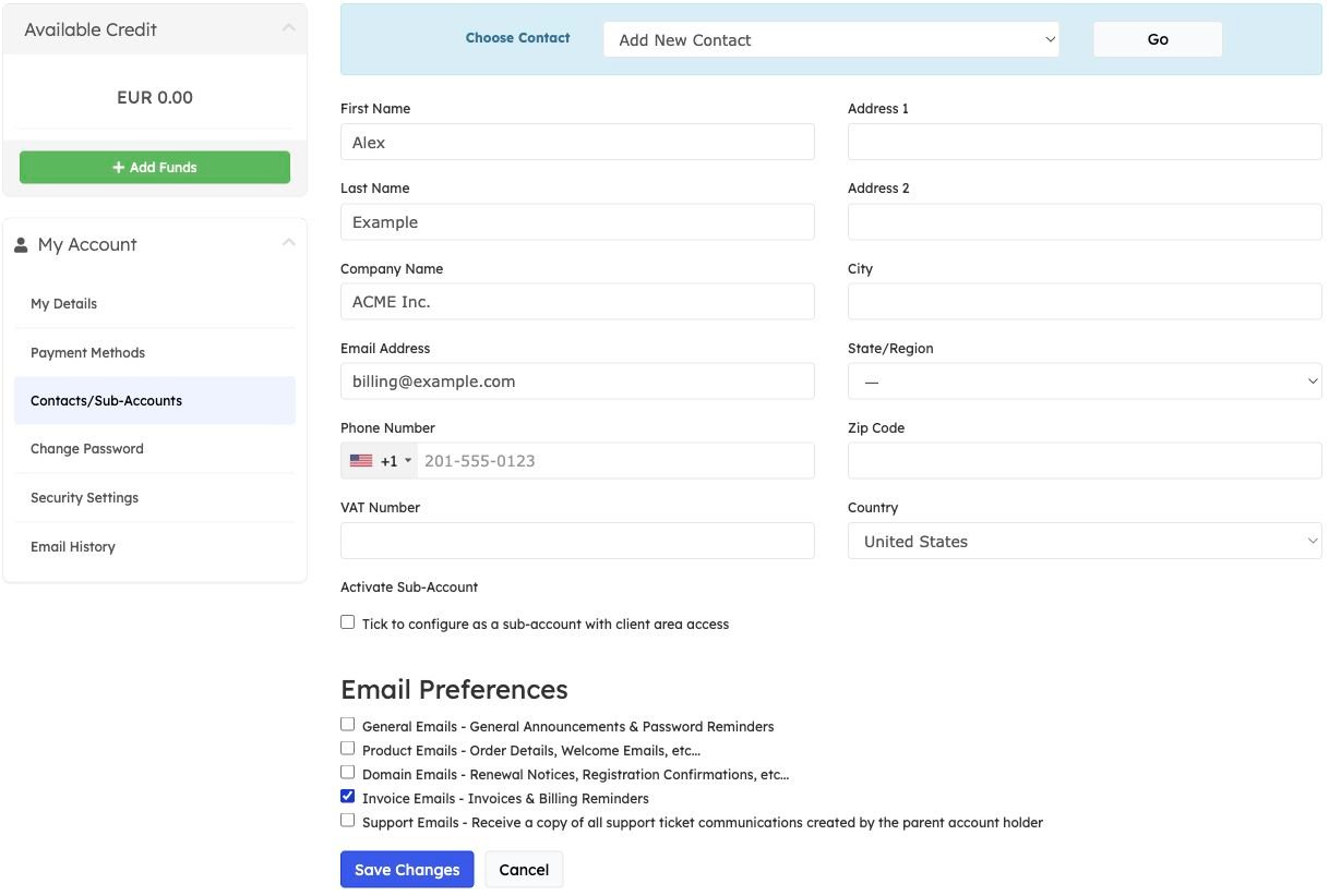 Add New Contact form with ACME Inc. example details and email preferences