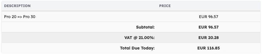 Plan upgrade quote showing the plan change, tax and amount due today
