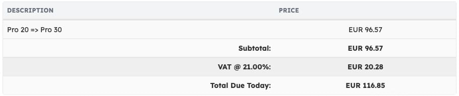 Plan upgrade quote showing the plan change, tax and amount due today
