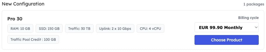 Available VPS plan with resources, billing cycle selector and Choose Product button