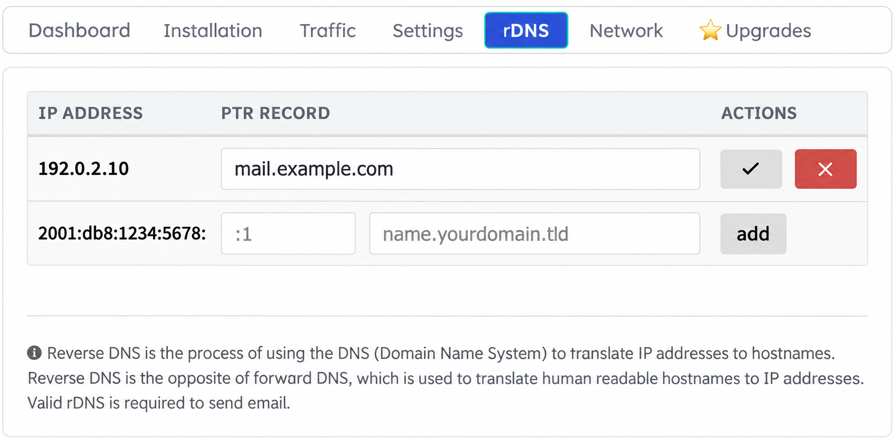 Current rDNS tab with IPv4 PTR input, checkmark and cross buttons, and IPv6 suffix fields