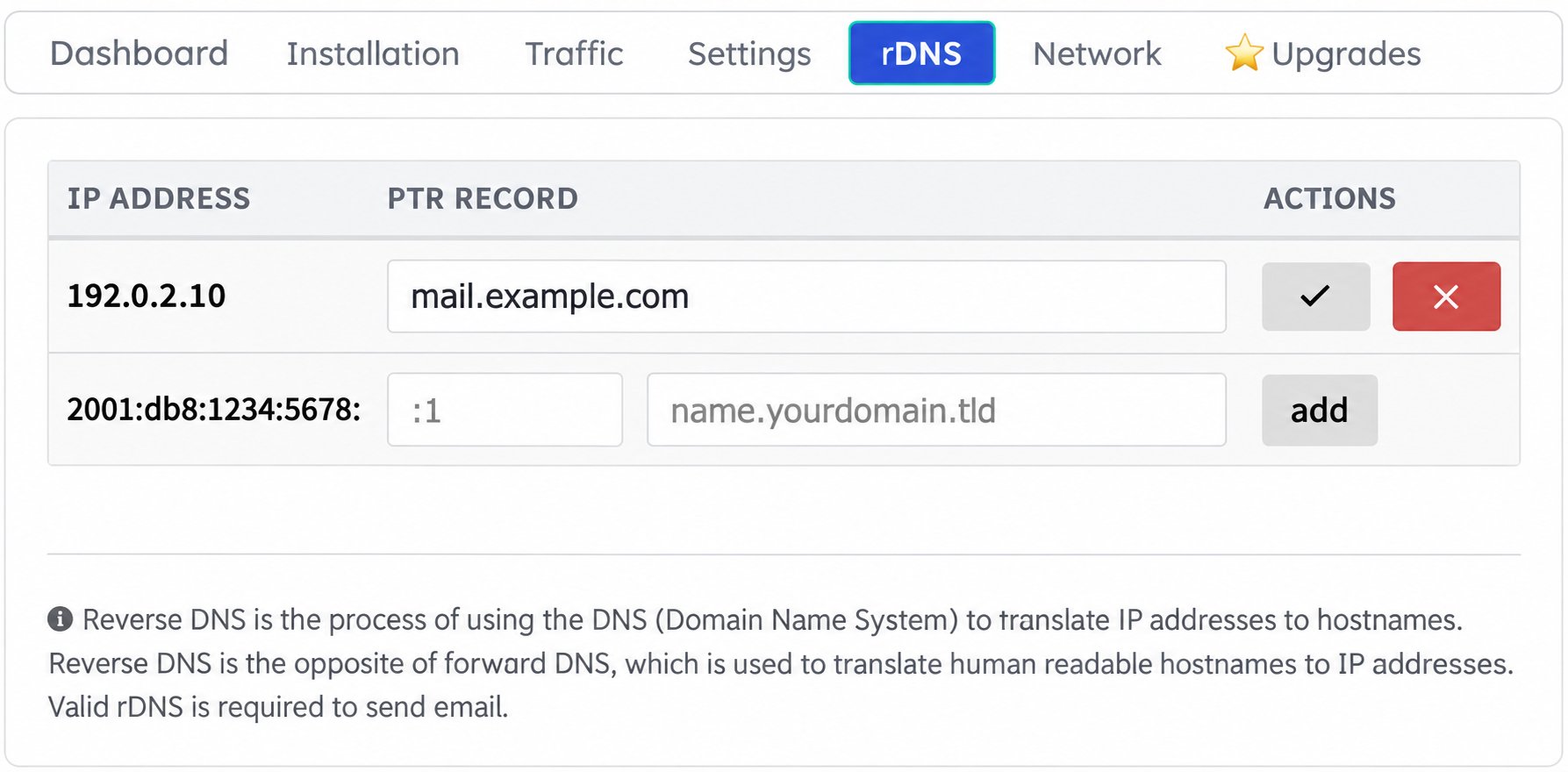 Current rDNS tab with IPv4 PTR input, checkmark and cross buttons, and IPv6 suffix fields