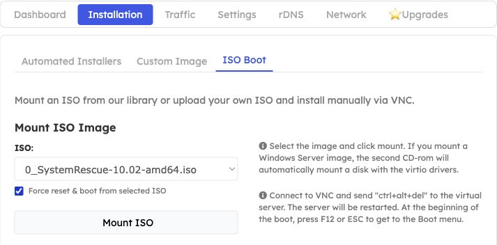 Installation and ISO Boot tabs with SystemRescue selected and Force reset checked