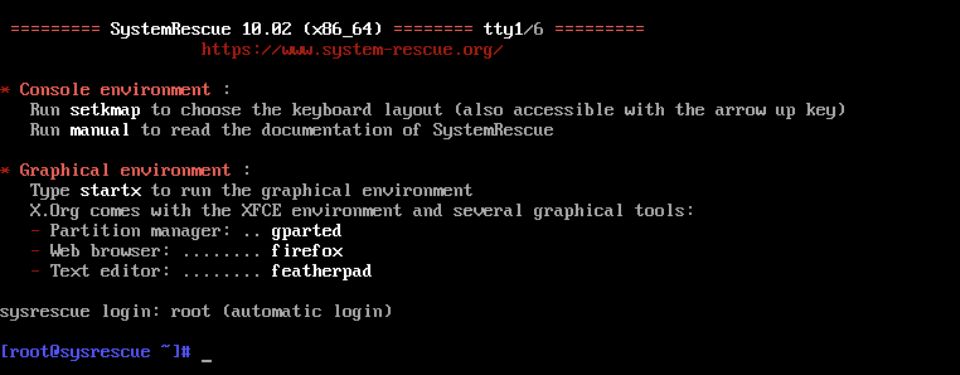 SystemRescue console showing automatic root login and the rescue shell prompt
