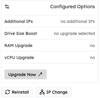 Configured Options with Additional IPs, Drive Size Boost, RAM Upgrade, vCPU Upgrade and maintenance shortcuts