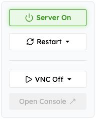 Server On, Restart, VNC Off and disabled Open Console controls