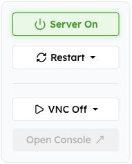 Server On, Restart, VNC Off and disabled Open Console controls