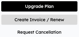 Upgrade Plan, Create Invoice / Renew and Request Cancellation buttons