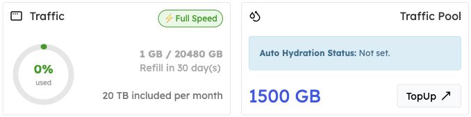 Dashboard Traffic card beside Traffic Pool balance and Auto Hydration status