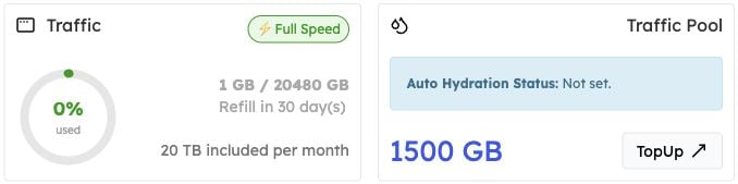 Dashboard Traffic card beside Traffic Pool balance and Auto Hydration status