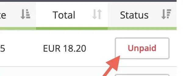 Example invoice row showing Unpaid status