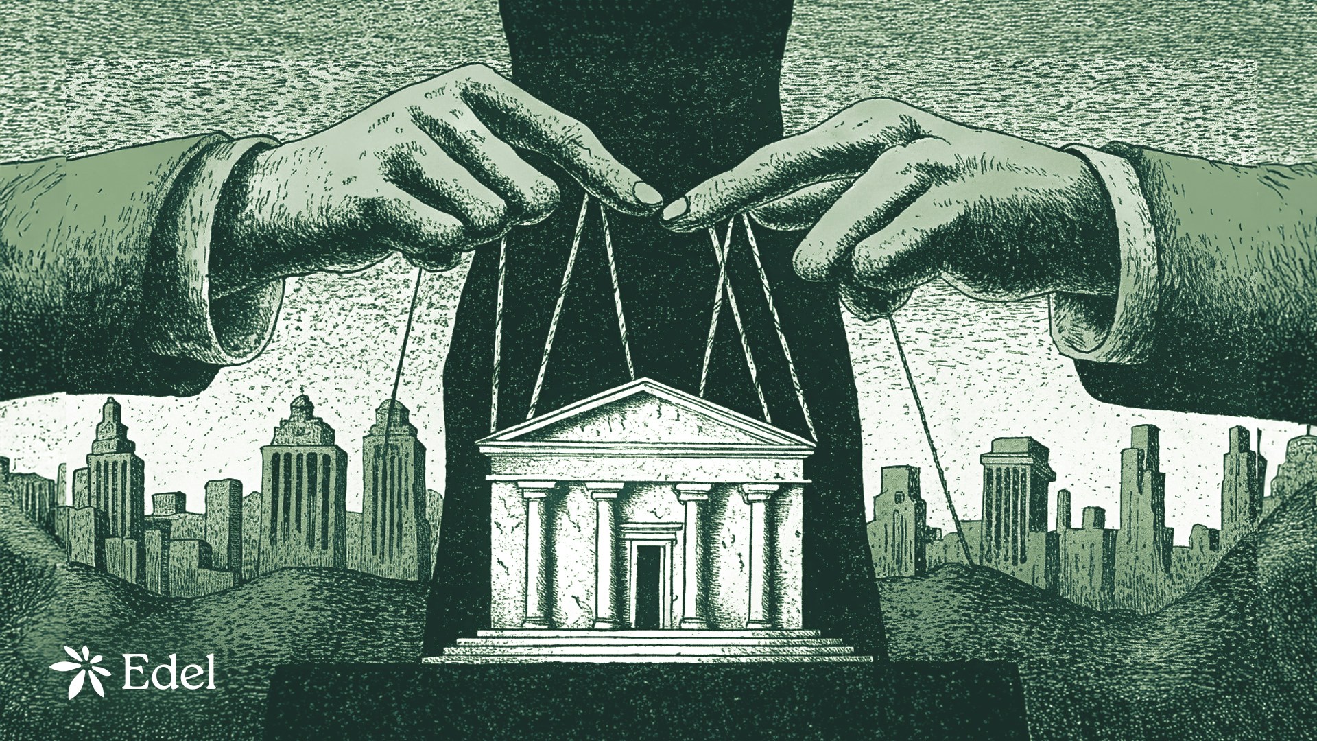 Illustration showing hands manipulating financial institutions like
puppets, representing systemic control and extraction in traditional finance