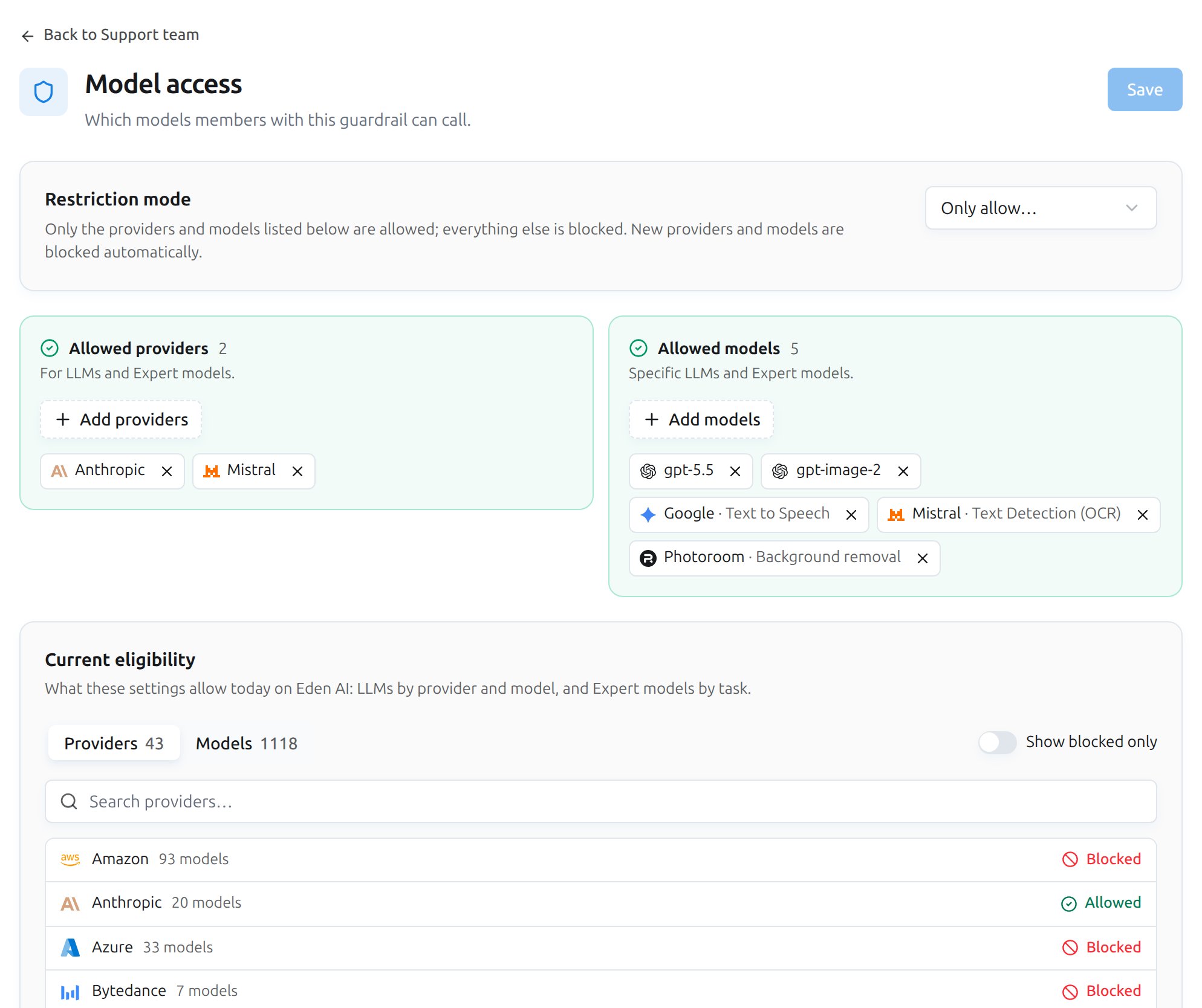 The Model access section: the Only allow mode, a Providers card, a Models card and the Current eligibility preview