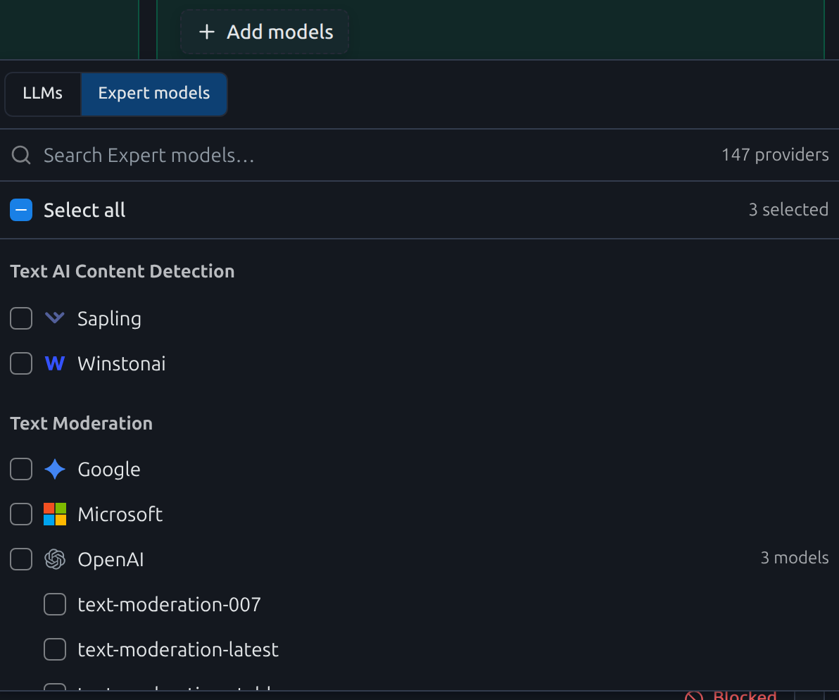 The Add models picker on Expert models, grouped by task