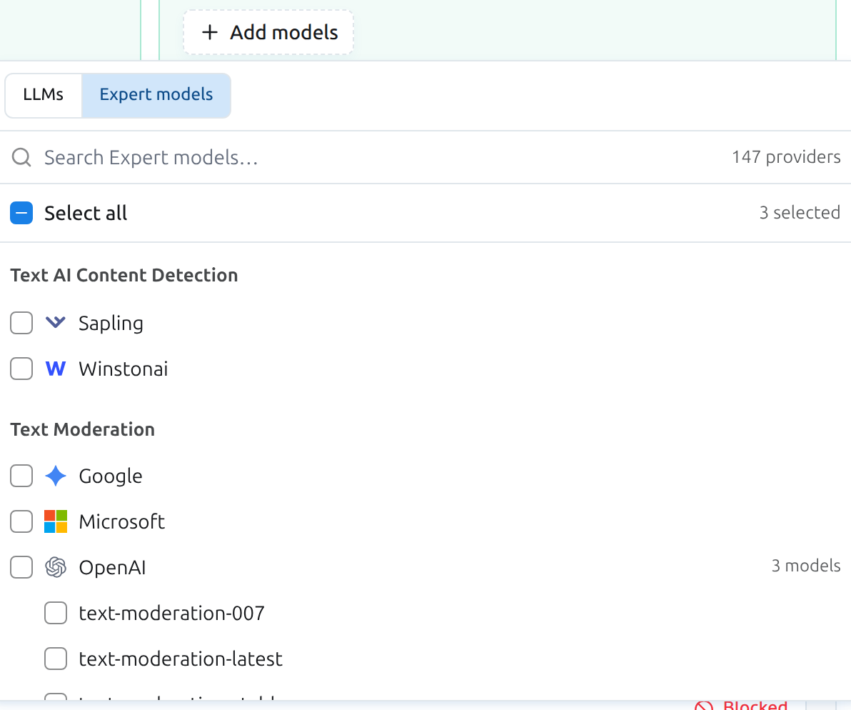 The Add models picker on Expert models, grouped by task
