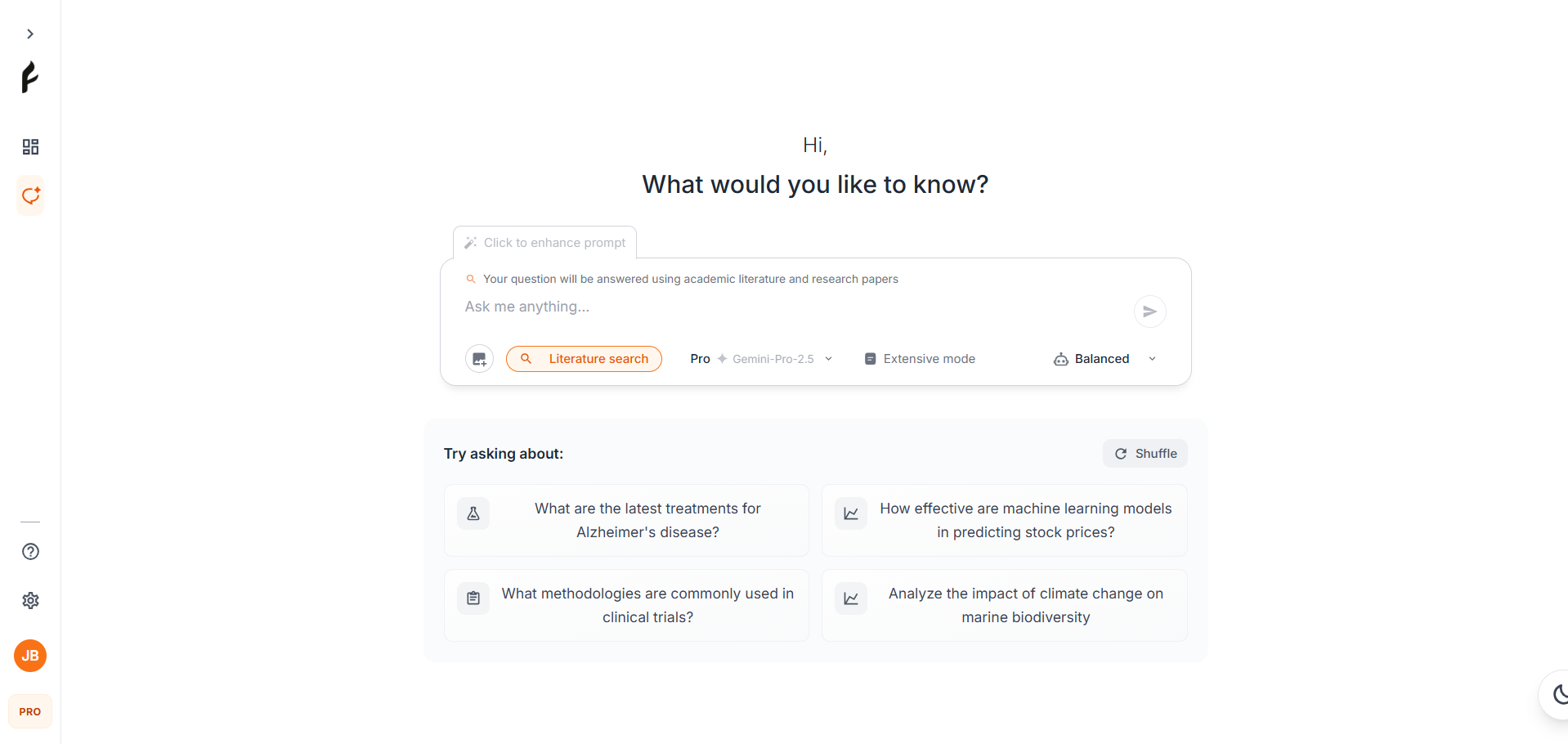 Dashboard homepage showing the main chat interface with sidebar navigation