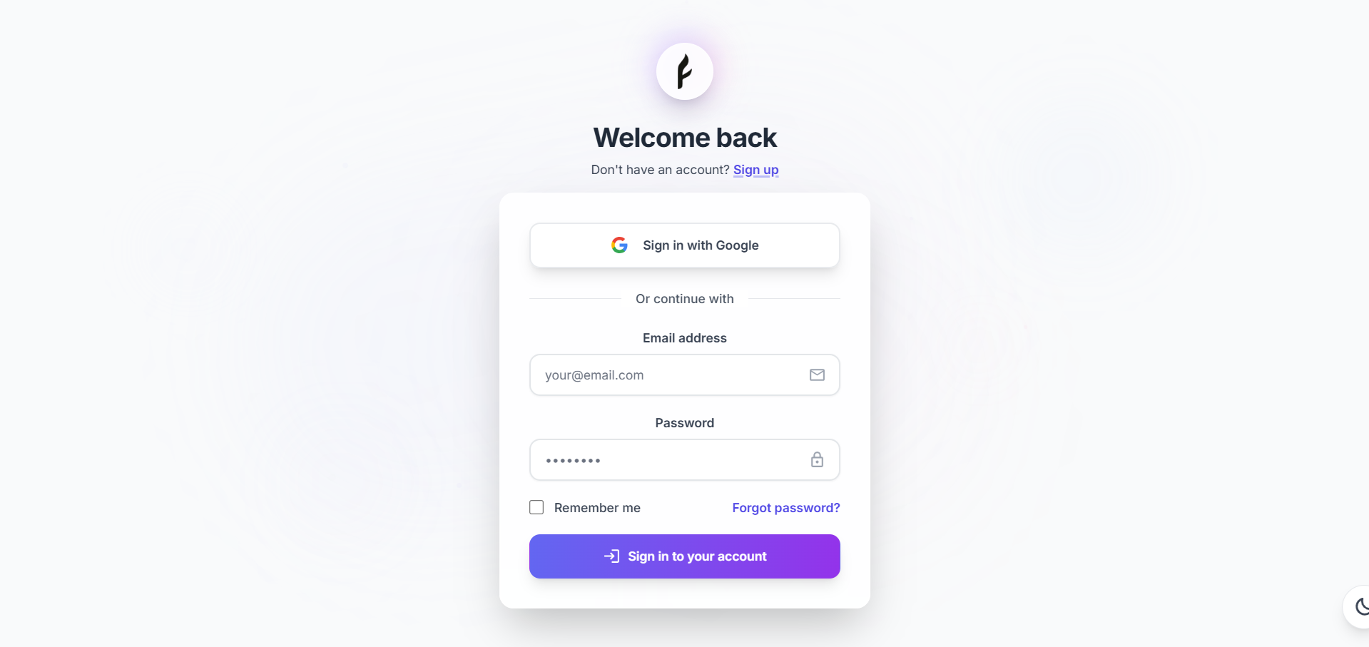 Sign in page with email and password fields
