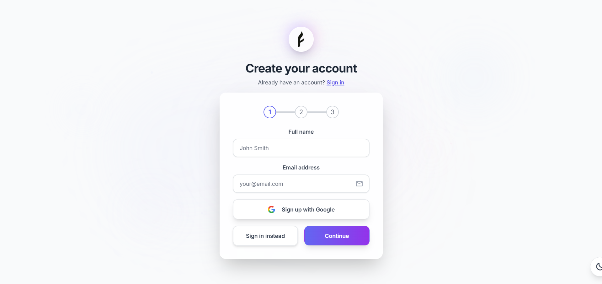 Signup form with name, email, and password fields