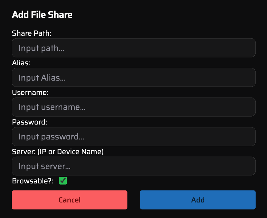 Add fileshare interface in admin page (dark)