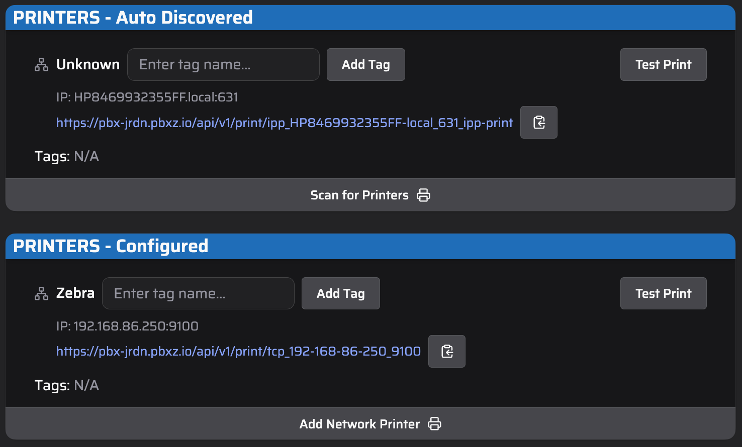 Printers module interface in Admin page (dark)