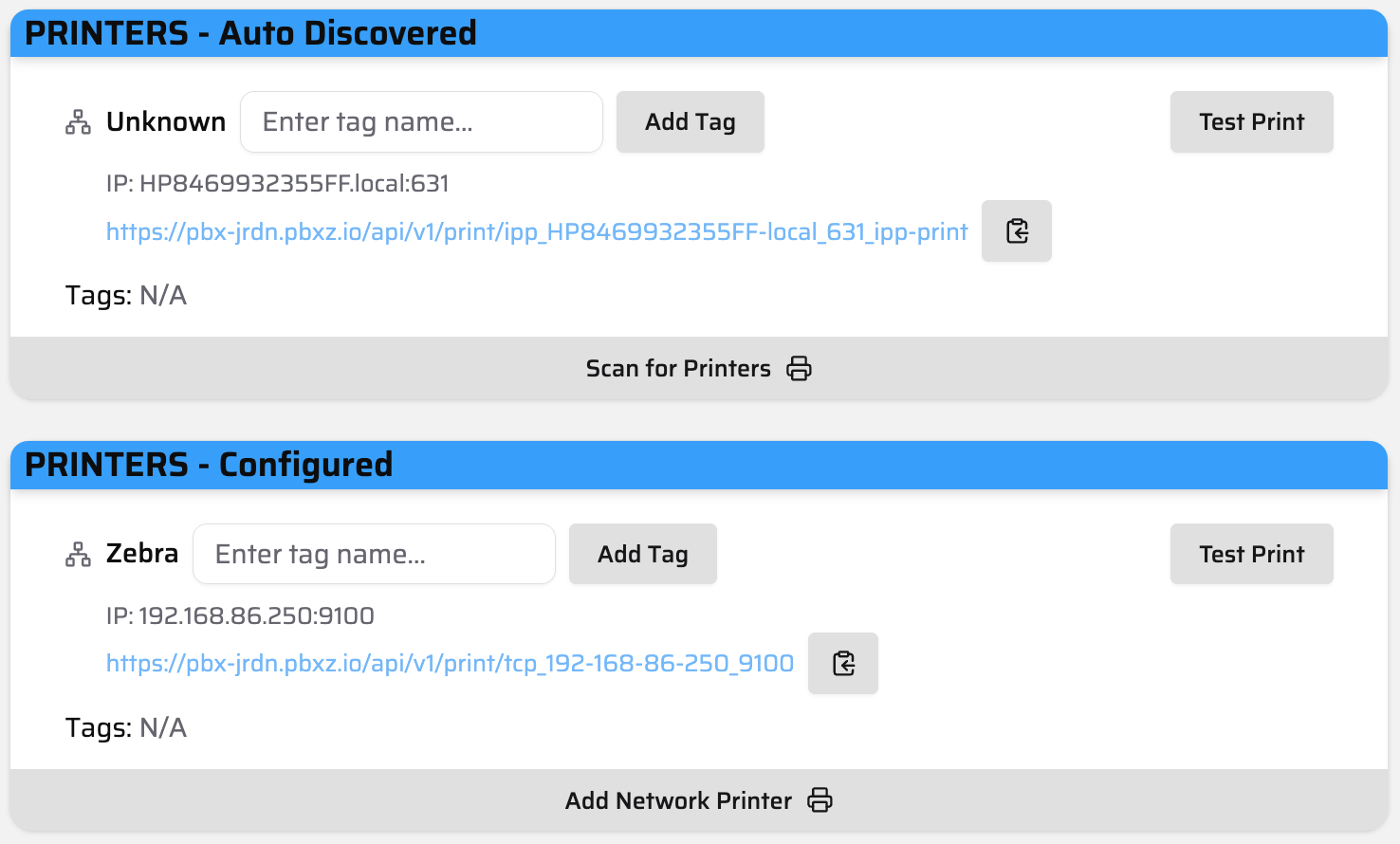 Printers module interface in Admin page