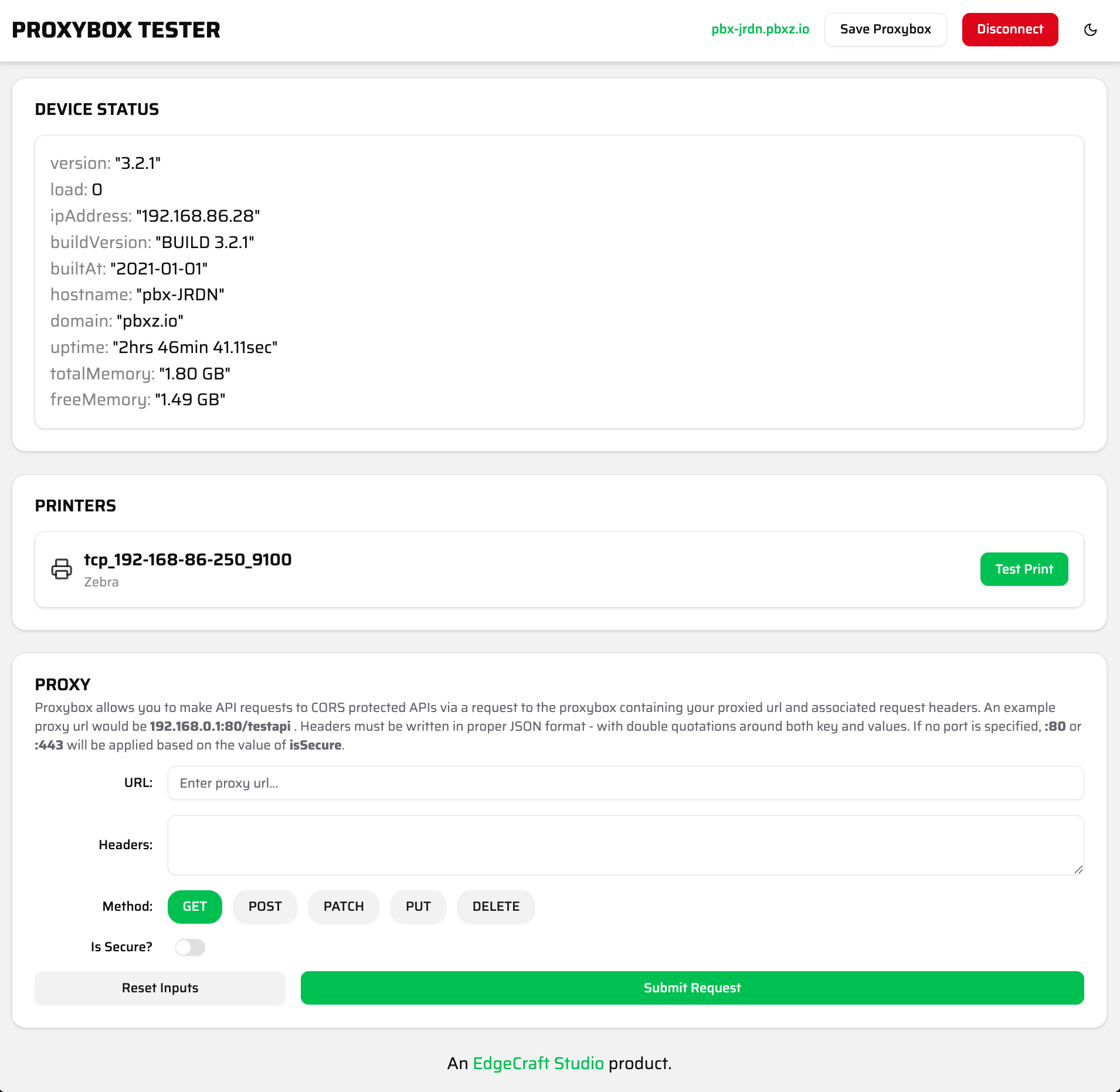 Proxybox test site (light mode).