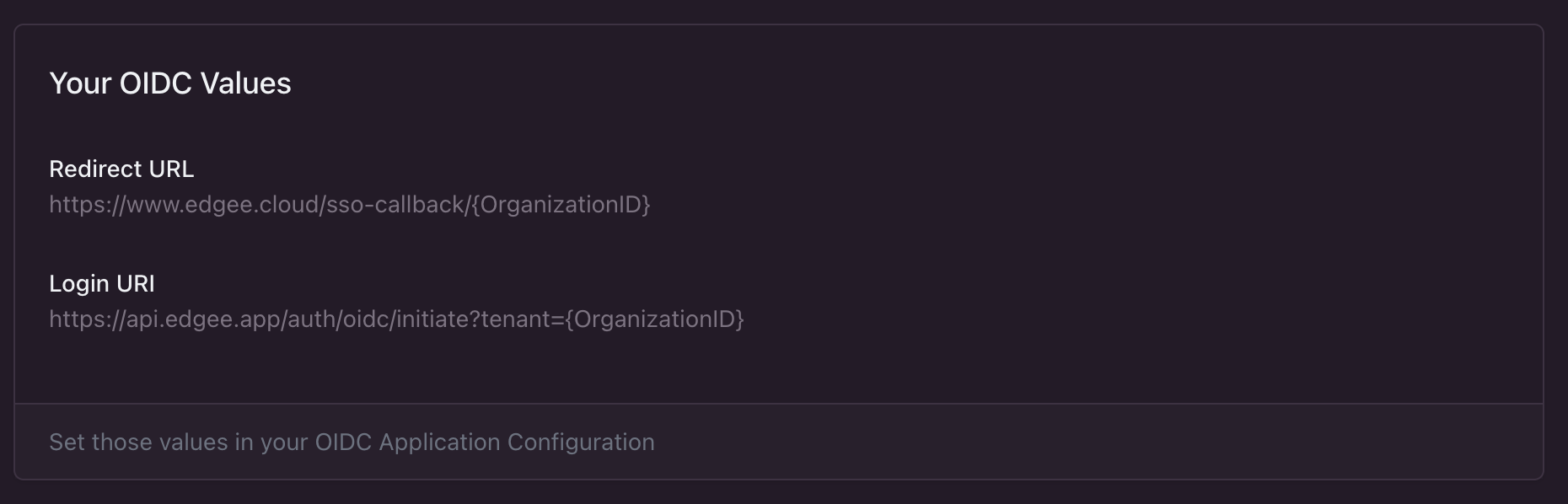OIDC values to configure your OIDC provider