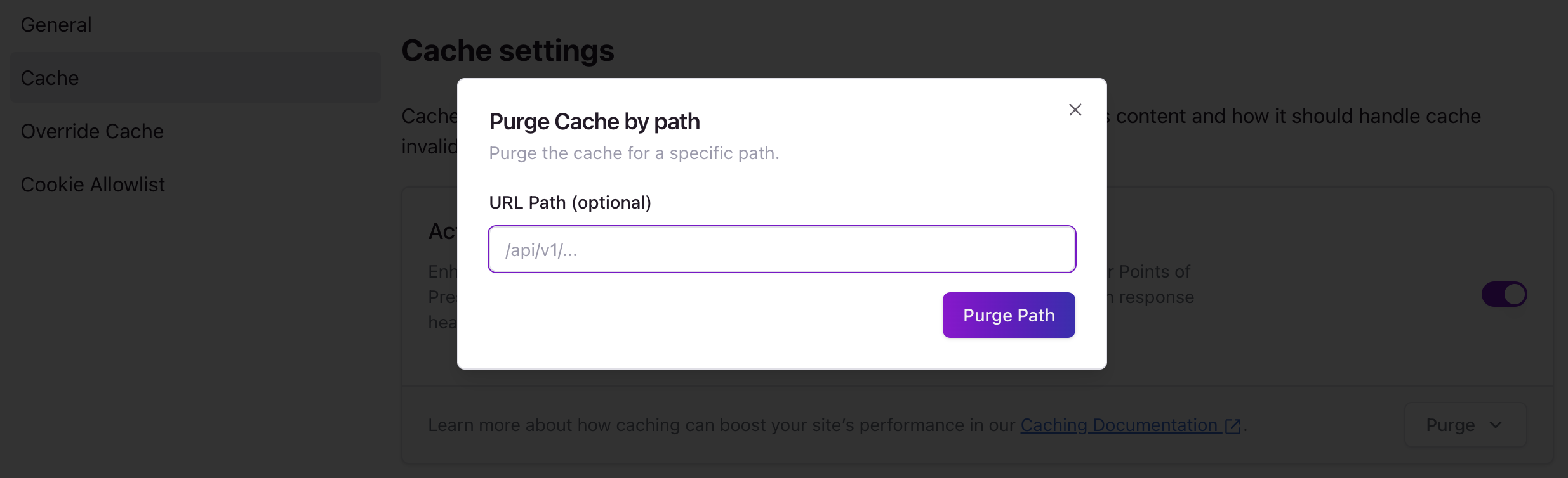 Purge cache by path dialog in the Edgee console