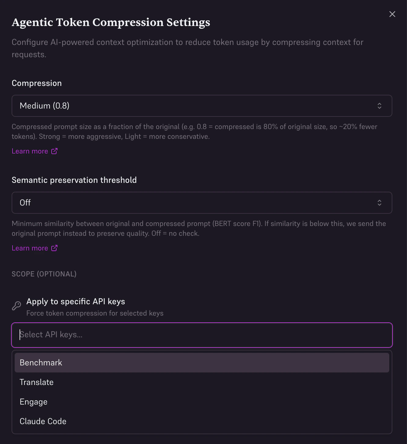 Enable compression for specific API keys