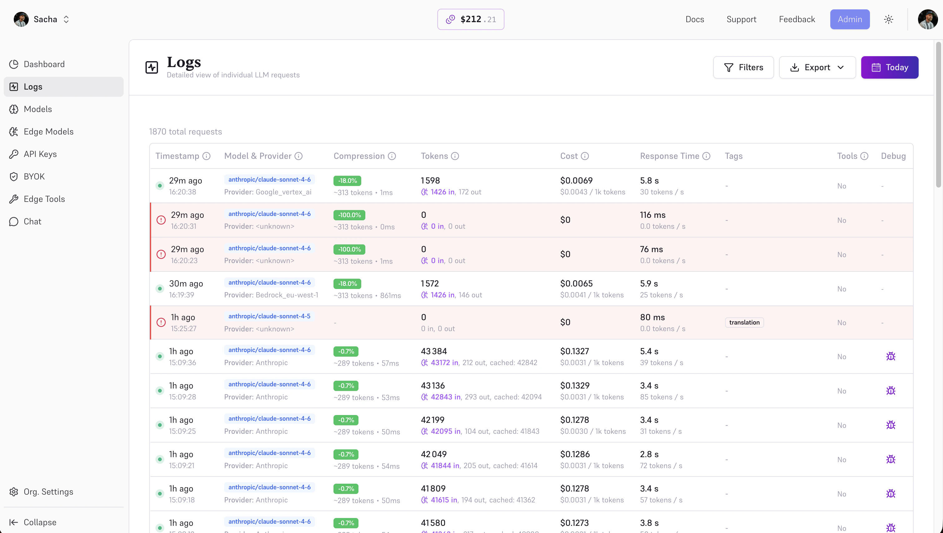 Logs table with debug icon