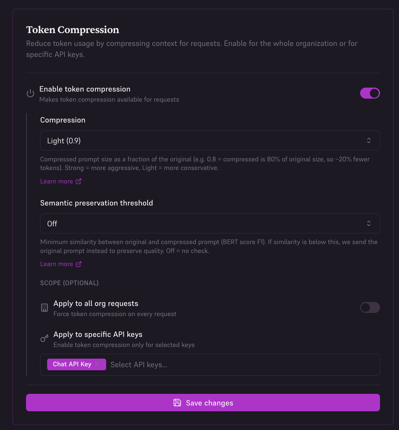 Enable compression for specific API keys