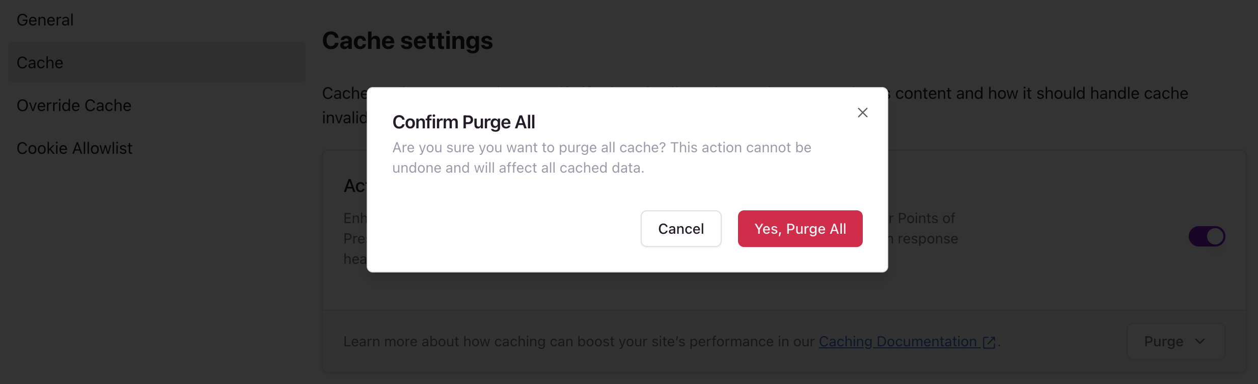 Confirm purge all cache dialog in the Edgee console