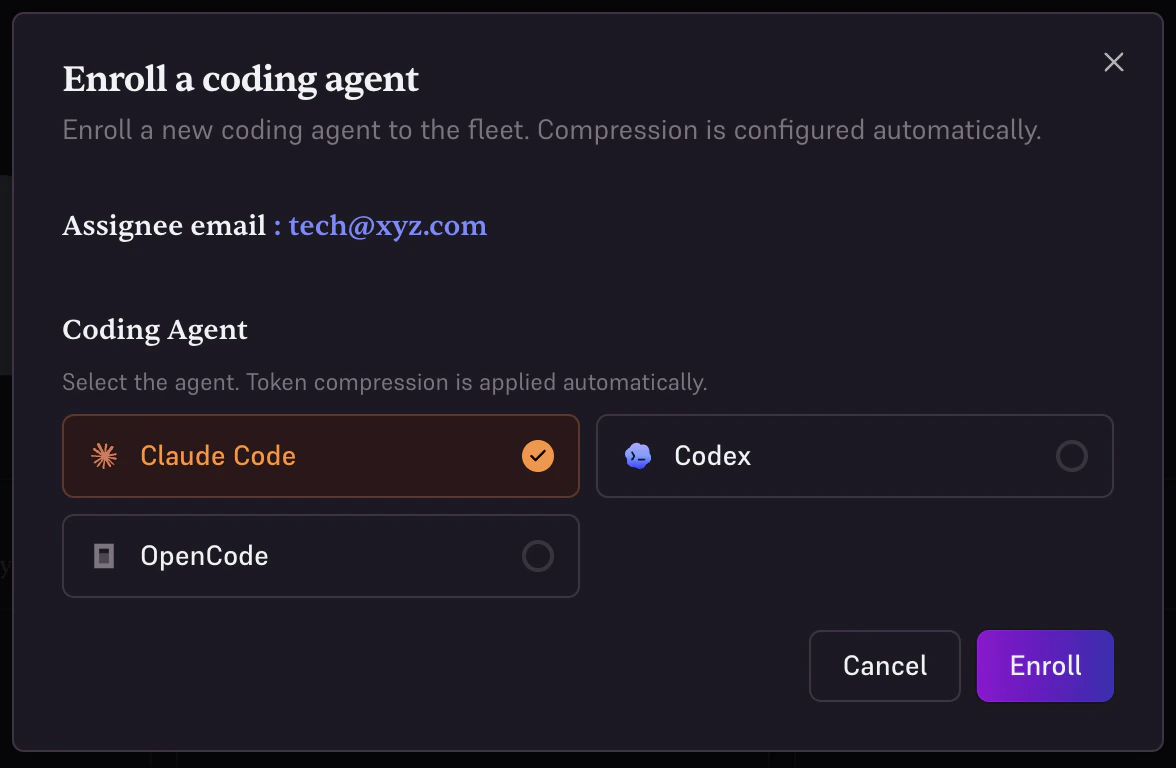 Enrollment dialog with agent selection (dark mode)
