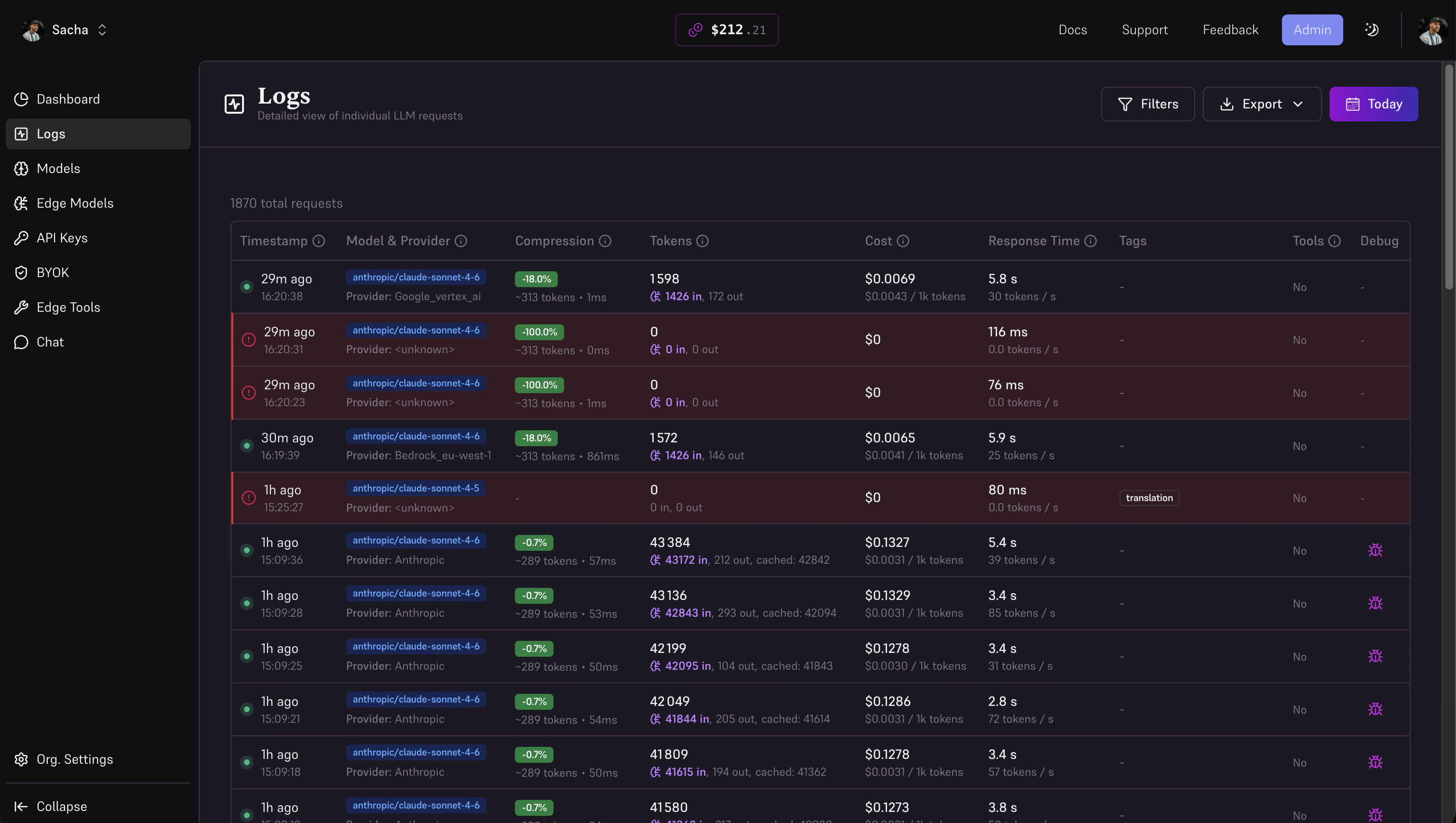Logs table with debug icon
