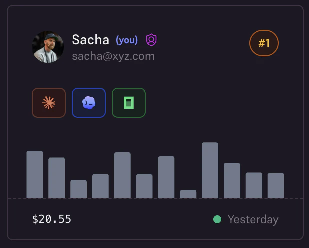 Member card with usage stats and mini chart (dark mode)