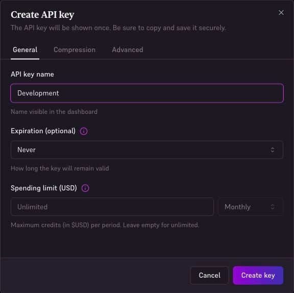 Current Create API key form showing the General, Compression, and Advanced tabs, key name, expiration, spending limit, and Create key button.