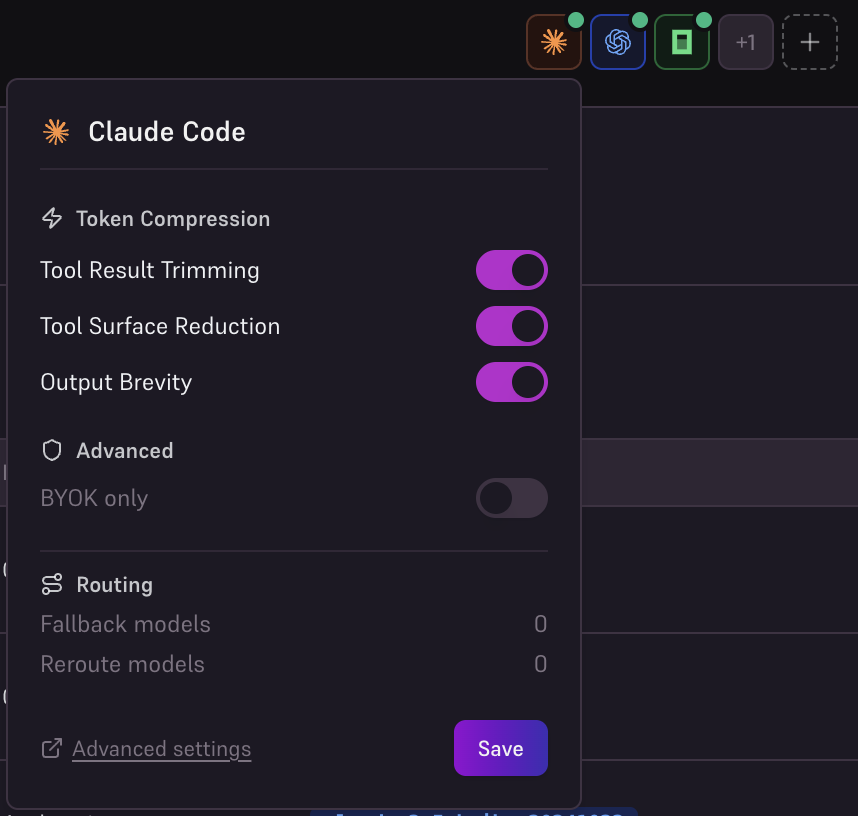 Claude Code menu with switches for Tool Result Trimming, Tool Surface Reduction, and Output Brevity, plus the Save button.