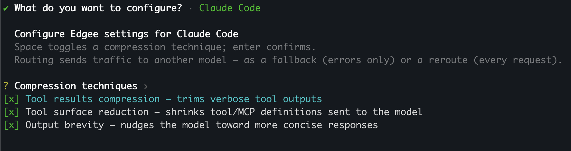 Edgee CLI showing Claude Code compression techniques, with Space to toggle and Enter to confirm.