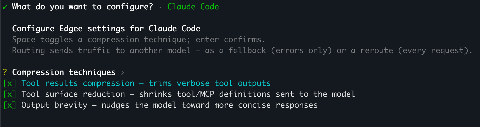 Edgee CLI showing Claude Code compression techniques, with Space to toggle and Enter to confirm.