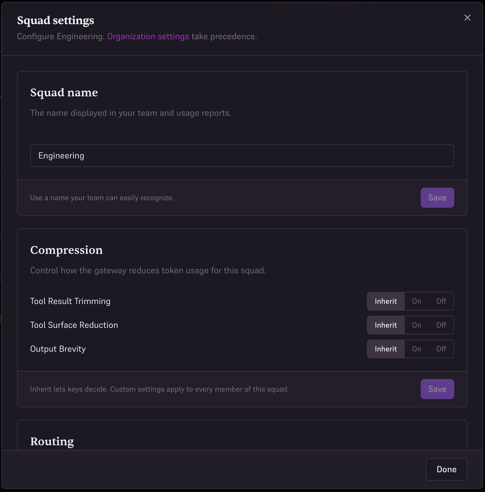 Engineering squad settings with Inherit, On, and Off controls for each compression strategy.